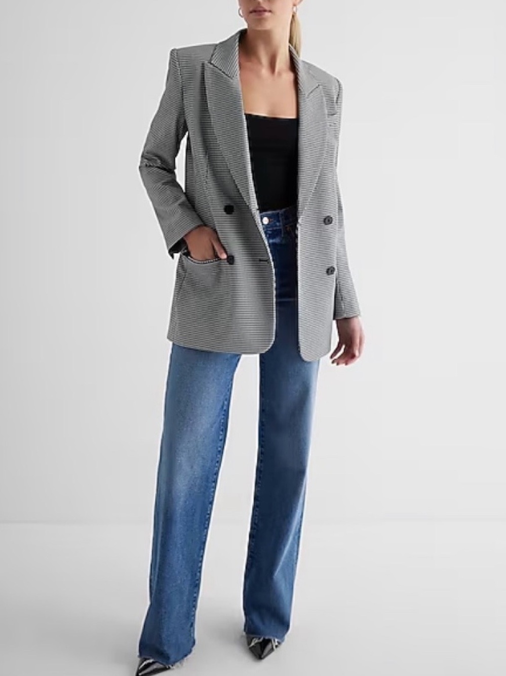 Express Black & White Houndstooth Double-Breasted Blazer